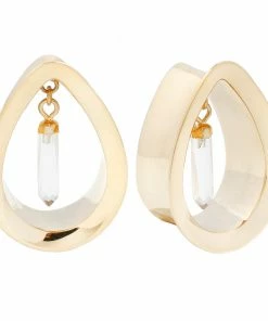 Buddha Jewelry Organics Stetched Ears Divine Plugs - Yellow Gold + Crystal Quartz Drop