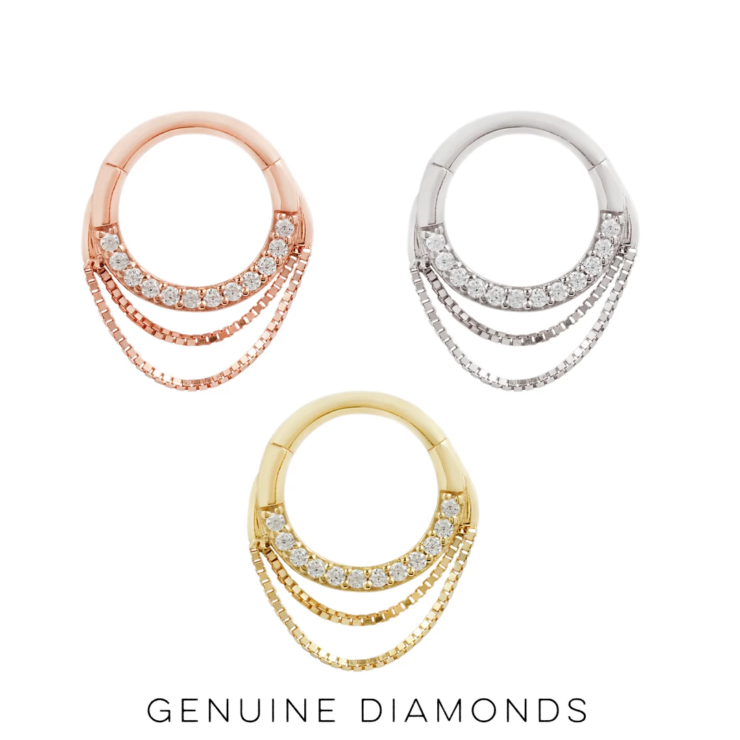 Buddha Jewelry Organics Tempeste - Diamond Set Solid 14kt Gold Chain Clicker Daith 3 Buddha Jewelry Organics Tempeste - Diamond Set Solid 14kt Gold Chain Clicker Daith